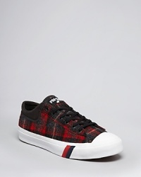 A sporty sneaker in wool plaid spruces up your casual cool attire with pattern and color.