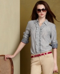 Strike a feminine note in Tommy Hilfiger's striped button-down shirt, complete with crisp ruffled trim at the placket.