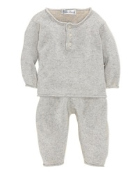 A luxurious set for baby features an adorable sweater and matching pant rendered in sumptuous cotton knit for style and comfort.