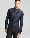 A tonal check and tailored fit bring enviable style to this Burberry London shirt.