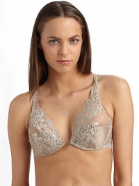 This sophisticated lace design combines a plunging neckline with a contemporary triangular silhouette, finished with a unique cutout back and racerback straps.Lace front with scalloped edges Lightly padded bottom cups with underwire Crossback with slim adjustable straps Keyhole back hook-and-eye closure Back metal logo tag 90% polyamide/10% elastene Hand wash Imported