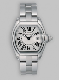 Stainless steel case has white lacquered dial, stainless steel bracelet and two interchangeable straps. Luminescent oxidized steel hands Case, 37mm X 33mm, 1.46 X 1.29 Case depth, 8.9mm, 0.35 Roman numerals, date Cartier caliber 688 quartz movement Water-resistant to 330 feet Band width, 15.5mm, 0.61 Adjustable steel buckle Made in Switzerland