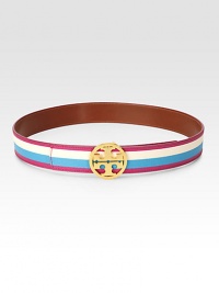 This multicolored, striped design in leather backed coated canvas features a goldtone logo buckle. Width, about 2Made in USA