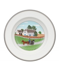 A farmer takes his turkey to market on this Design Naif rim soup bowl, featuring premium Villeroy & Boch porcelain.