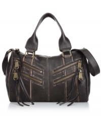 A ladylike silhouette gets an edgy upgrade with this urban-cool design from Mark New York. Distressed leather is paired with zip pockets and tassel pulls, while the spacious interior carries all your it-girl essentials.