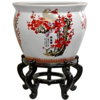 Oriental Furniture Japanese Art Design Planter Jardinaire, 18-Inch Oriental Porcelain Fishbowl, Cherry Blossom, Stand Not Included