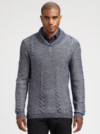 A textured shawl pullover sweater goes the distance when looking to beat winters' chill in style. This rendition is impeccably crafted in a rich modal and wool blend for long-lasting comfort and warmth.Shawl collarRibbed knit collar, cuffs and hem73% modal/27% woolDry cleanImported