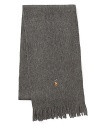 With a neutral solid hue, an embroidered Pony logo and fringed ends, this the super-soft merino wool scarf easily coordinates with cool-weather ensembles.