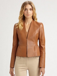 Supple leather, tailored in a sleek, refined silhouette.V necklineFront hook-and-eye closuresFlared peplumPanel constructionFully linedAbout 21 from shoulder to hemLeatherDry cleanImported of French fabricModel shown is 5'10 (177cm) wearing US size 4. 