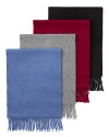 Wrap up when old man winter rears his head with this solid scarf design, featuring fringed ends for a classic touch.