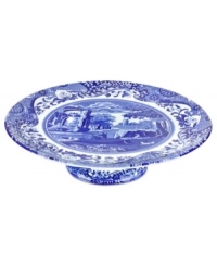 With a quaint country scene and the Imari Oriental border of Spode's Blue Italian dinnerware, this porcelain cake stand lends distinct old-world charm to traditional tables.