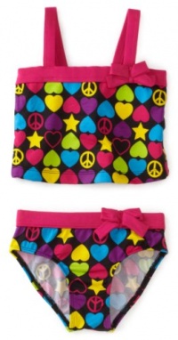 Pink Platinum Girls 2-6X Neon Heart And Peace Print Two Piece Swimsuit, Fuschia, 4T