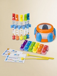 Bring music to the tub with this playful set featuring three water-ready instruments.Five water flutesWater drumFloating xylophone with two malletsSuitable for ages 3 and upImported