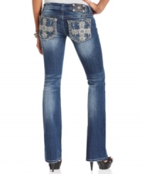 Rhinestone and embroidered crosses add eye-catching appeal to these Miss Me bootcut jeans -- perfect for daytime glam!