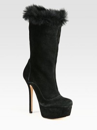 Velvety suede in a mid-calf silhouette with a chunky platform and lamb fur trim. Self-covered heel, 5½ (140mm)Covered platform, 1½ (40mm)Compares to a 4 heel (100mm)Shaft, 11Leg circumference, 14Suede and finished lamb fur upperPull-on styleLeather lining and solePadded insoleImported