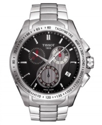 Style with velocity, by Tissot. This watch features a stainless steel bracelet and round case. Textured black chronograph dial with silvertone stick indices, logo, date window and three subdials. Swiss made. Quartz movement. Water resistant to 100 meters. Two-year limited warranty.