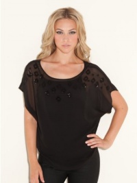 GUESS Layla Cap-Sleeve Geo Top, JET BLACK (LARGE)