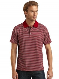 THE LOOKStriped designSmooth ice cotton Treated and finished to be cool to the touchPolo collarFront button placketShort sleevesVented shirttail hemTHE MATERIALCottonCARE & ORIGINMachine washImportedThis item was originally available for purchase at Saks Fifth Avenue OFF 5TH stores. 