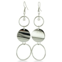 3 RD WIRE FLAT DISC W/ STONE SILVER EAR Triple Circle and Shimmering Rhinestone Silver Tone Dangle Earrings