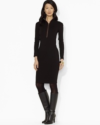 A chic ponte mockneck dress is given a luxurious update with supple leather trim at the arms and neckline.