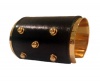 Vince Camuto Edgy Wide Black Leather Studded Cuff Bracelet Gold