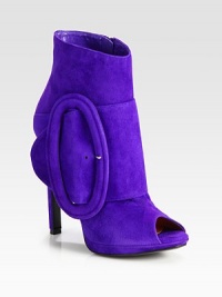 Lush suede covers this sky-high peep toe design with an exaggerated buckle for a luxe effect. Self-covered heel, 5 (125mm)Covered platform, ½ (15mm)Compares to a 4½ heel (115mm)Suede upperSide zip and adjustable buckle strapLeather lining and solePadded insoleMade in Italy