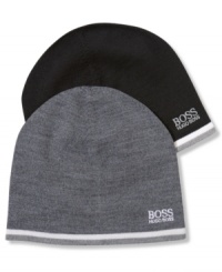 Show 'em who's Boss: Fine-gauge knit beanie from Hugo Boss edged with contrast stripe and embroidered with contrast logo.