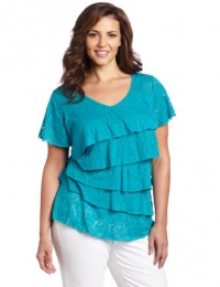 AGB Women's Solid Back Crochet Top With Ruffle Tiers and Flutter Sleeves