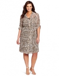 DKNYC Women's Plus-Size Lynx Print Long Sleeve Roll Tab Shirt Dress