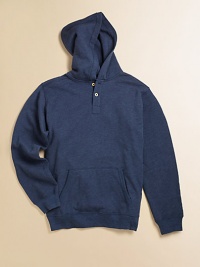 A classic hoodie is updated in dyed indigo fleece for a cool look.Attached hoodLong sleevesPullover styleRibbed cuffs and hemKangaroo pocket78% cotton/22% polyesterMachine washImported