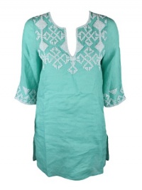 Calypso womens coraline beaded linen tunic aqua shirt XS