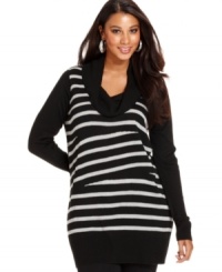 Stand out this season with AGB's striped plus size tunic sweater, finished by a cowl neckline.