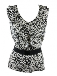 Alfani Womens Animal Print Ruffled Sleeveless Belted Top