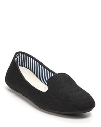 Wool adds cozy-chic style to these sleek smoking flats. By Charles Philip.