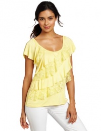 AGB Women's Solid Top With Asymmetrical Lace Ruffle