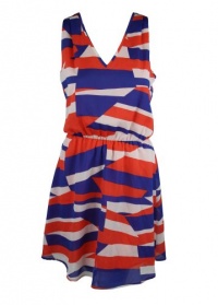 Aqua Womens Red White Blue Abstract Geometric V Neck Sleeveless Dress S