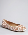 Woven color adds dynamic interest to a streamlined ballet flat silhouette by designer Rebecca Minkoff.