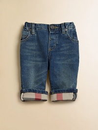 Soft, faded denim in a perfectly detailed miniature version of grown-up jeans, with Burberry checks lining the cuffs.Back elastic waistband with belt loopsZip fly with button closeFront scoop pockets and coin pocket with rivetsBack patch pockets98% cotton/2% elastaneMachine washImported