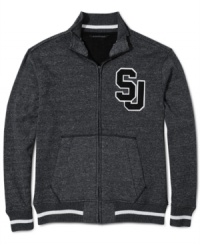 Fleece makes the varsity squad: A zip-up letterman's jacket in comfortable cotton-blend fleece, from Sean John.