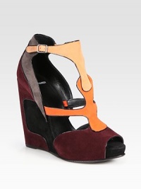 Wedge sandal featuring panels of contrasting suede, with an adjustable ankle strap and patent leather trim. Self-covered wedge, 4¾ (120mm)Covered platform, ¾ (20mm)Compares to a 4 heel (100mm)Suede upper with patent leather trimPeep toeLeather lining and solePadded insoleMade in Italy