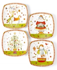 Enjoy holiday dining from these fine china appetizer plates, featuring folksy freehand illustrations of the quintessential Christmas icons, Christmas Tree, Reindeer, Snowman and Santa. (Clearance)