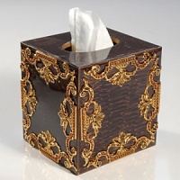 Elegant bathroom accessories for the traditional home, hand-enameled with smokey topaz crystals and gilded gold accents.