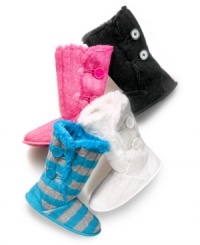 Stay warm and cozy with this playful pair of cable knit slippers by Jenni.