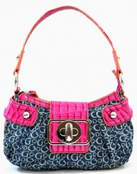 Guess Majesty G Signature Denim Canvas Purse Shoulder Bag Hangbag Blue Fuchsia Pink