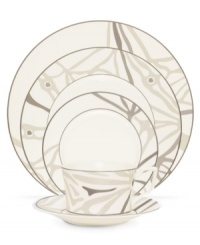 Place settings with abstract markings in soft shades of khaki fill in glazed white china dinnerware for unconventional elegance. From Noritake dinnerware, these dishes have matte platinum bands and the cup's arched, geometric handle that look sharp on casual and formal tables alike. (Clearance)