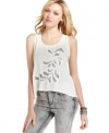 Bring sheer, feminine style to your laid-back jeans ensemble with this lacy, high-low top from Eyeshadow!