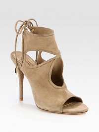 Metal-tip ties back this suede design, with skin-baring cutouts and a daring heel. Self-covered heel, 4½ (115mm)Suede upper with suede metal-tip tiesLeather lining and solePadded insoleMade in Italy