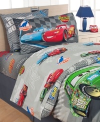 Rev up your room! Bold racing graphics and starring characters of the hit Disney Cars movie zoom across this playful sheeting in a soft, 200 thread count. Pillowcases feature an image of the character Lighting McQueen with the dynamic phrase the challenge is on. (Clearance)