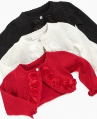 Fancy up her everyday frocks with this lovely rosette cardigan from Bonnie Jean.