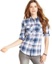 Button-up in a button-down! Planet Gold's rendition of this go-to style features roll tab sleeves plus a classic plaid-print.